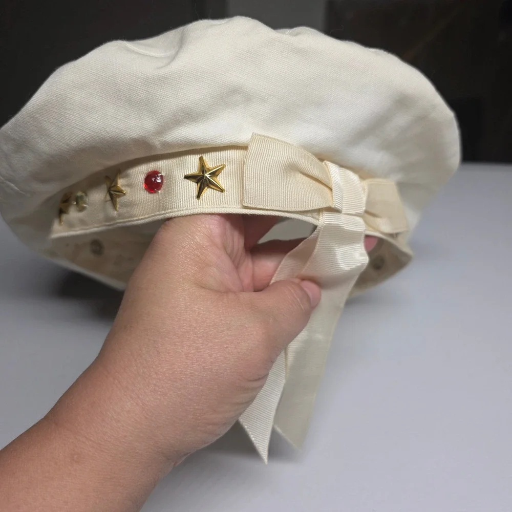 Vintage Sportina‎ White Cotton Beret Hat Star Studs Rhinestone Bow Celestial NWT